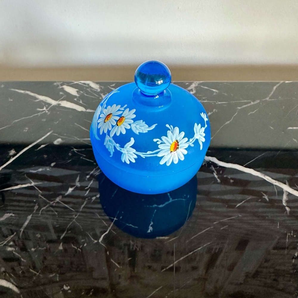 Westmoreland Blue Mist Daisy Satin Glass Jar with Lid Vintage Hand Painted